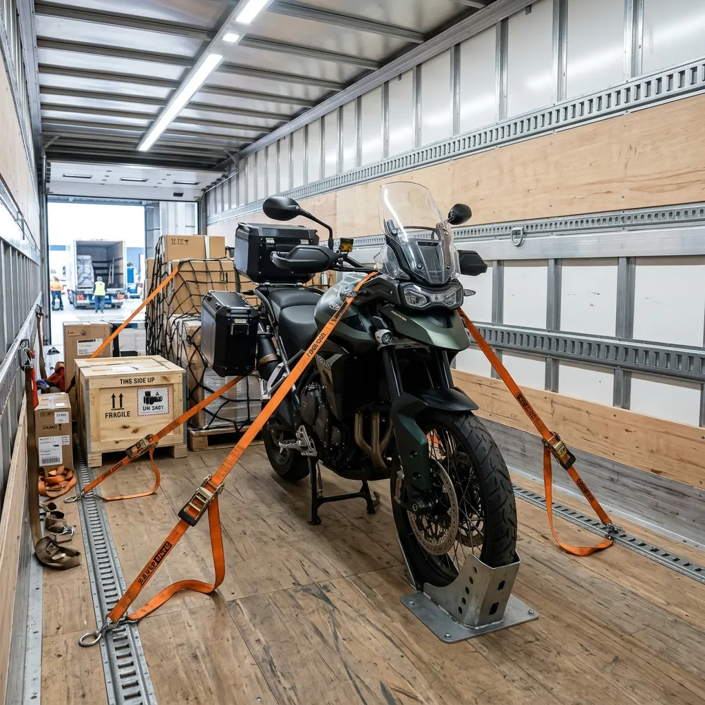 Secure two-wheeler bike transport inside closed cargo trucks by Apna Cargo