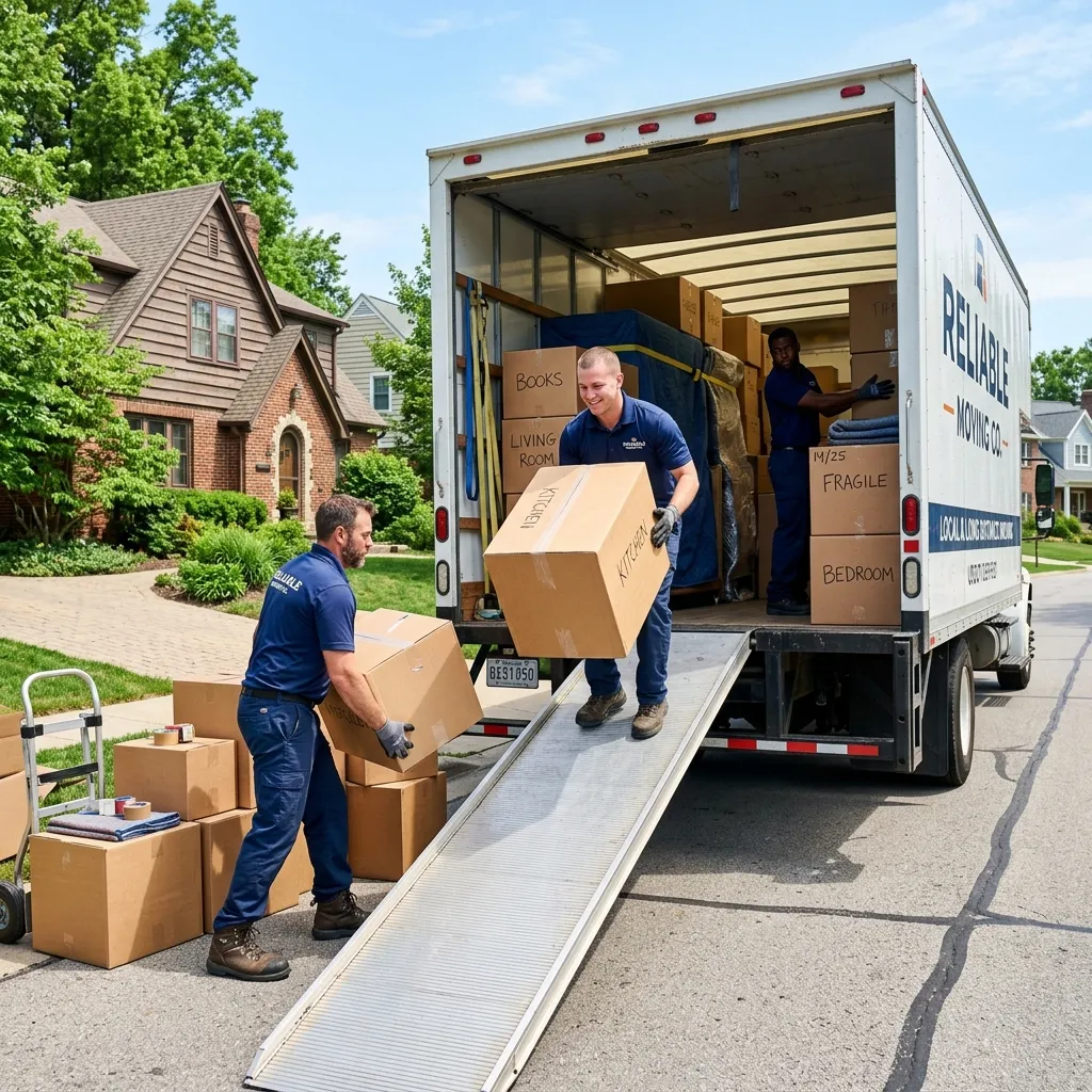 Professional packers and movers packing household cargo and loading a shipping truck